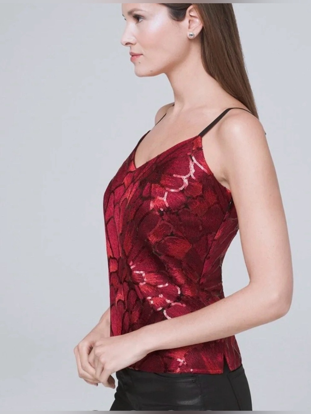 White House Black Market Deep Red Sequin Cami Top Sophisticated Floral Spicy Sm